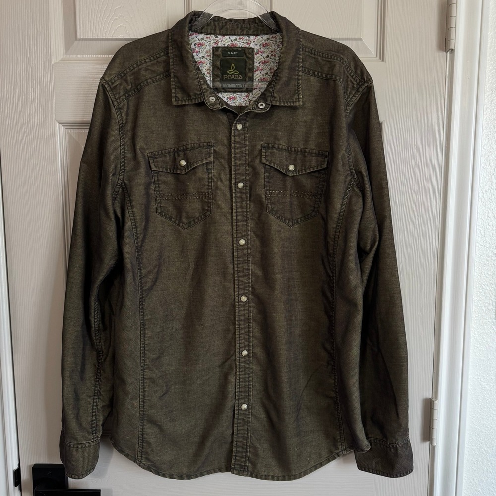Prana Slim Fit Button Down Shirt Olive Green XL Pearl Snap Utility Corduroy